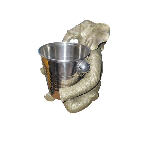 Large gray elephant ice bucket holder with silver metal bucket. 13” tall - Picture 5 of 8